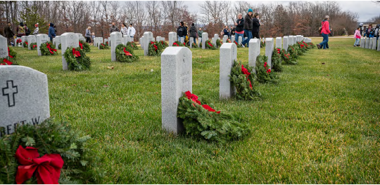 Wreaths placed over the graves of fallen soldiers, as part of the Wreaths Across America program.